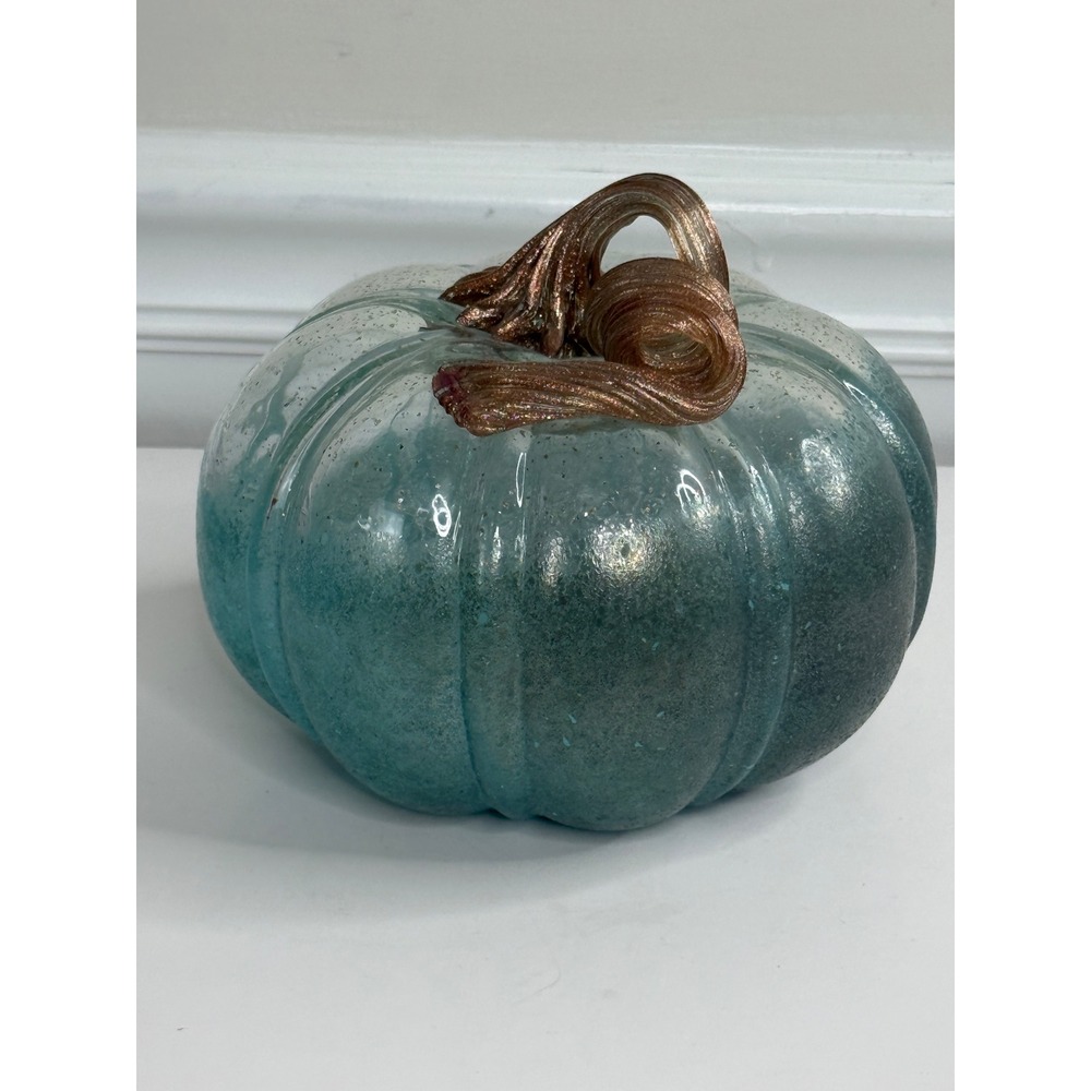 Blue Teal Glass Pumpkin Figurine with Copper Stem Coastal Fall Decor 7 inch